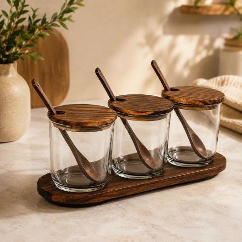 Handcrafted Wood & Glass Spice Jar Set – 3-Piece Condiment Storage with Tray, Lids & Spoons