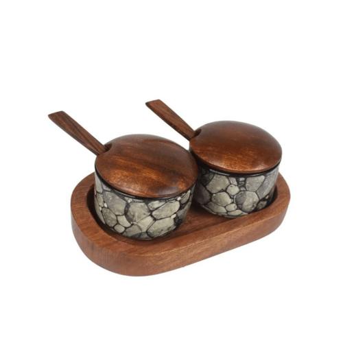 Handcrafted Premium Sheesham Wood & Ceramic Condiment Bowl Set with Wooden Tray 