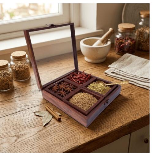 Handcrafted Sheesham Wood Spice Box with Glass Lid – 4 Compartment Masala Organizer 