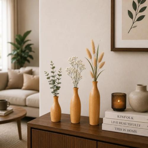 Handcrafted Beech Wood Flower Vase Set of 3 – Decorative Wooden Bud Vases for Home Decor     