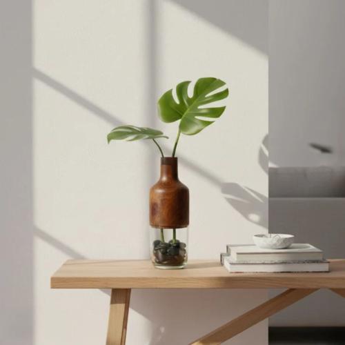 Handcrafted Wooden & Glass Flower Vase – Decorative Hydroponic Plant Vase for Home Decor     