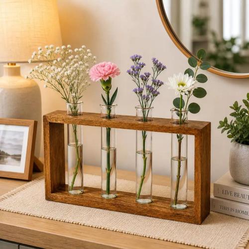 Handcrafted Wooden Frame Glass Test Tube Vase     