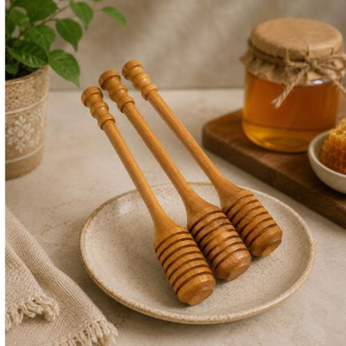 Wooden Honey Dipper Sticks (Set of 3) | Eco-Friendly Honey Stirrer for Kitchen & Dining    