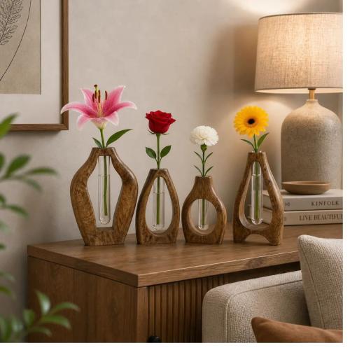 Set of 4 Wooden Flower Vases with Glass Tube     