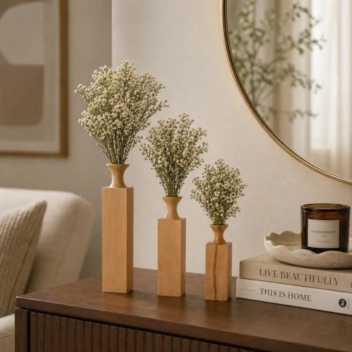 Set of 3 Wooden Flower Vases – Beech Wood Decorative Bud Vase Set for Pampas Grass 