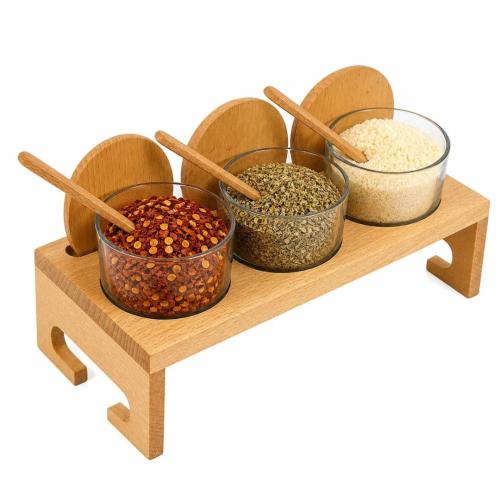 Wooden Spice Jar Set with Stand & Spoons – 3 Glass Seasoning Bowls with Beech Wood Tray    