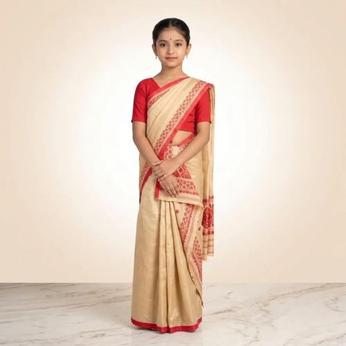 Cotton Geometric Embroidered Saree Mekhela Sador for Girls