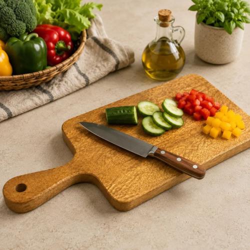Mango Wood Serving Board with Handle | 15.5 x 12 Inch Wooden Chopping & Serving Board     