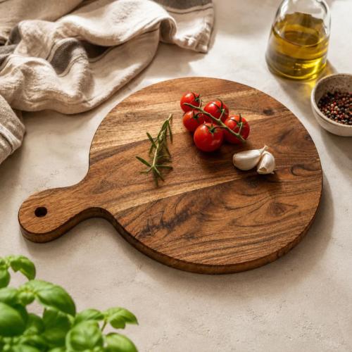 Round Mango Wood Serving Board with Handle | 16 x 12 Inch Wooden Chopping Board 