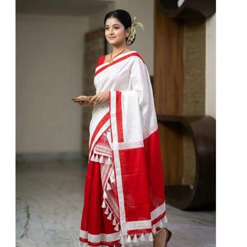 White and Red Cotton Khadi Silver Guna Work Saree Mekhela Chador for Women