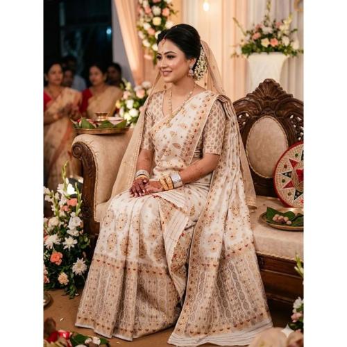 Cream Cotton Bridal Embroidered Saree Mekhela Sador Riha Set for Women