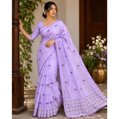 Purple Cotton Kopou Phul Embroidered Saree Mekhela Sador for Women