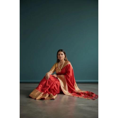 Red and Gold Cotton Heavy Work Saree Mekhela Sador for Women