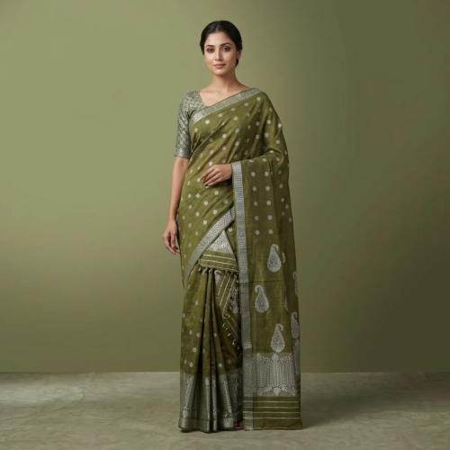 Olive Green and Silver Cotton Zari Work Saree Mekhela Sador for Women