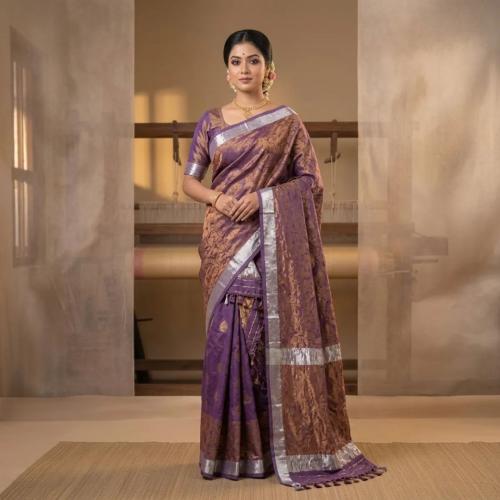 Purple Cotton Zari Border Saree Mekhela Sador for Women