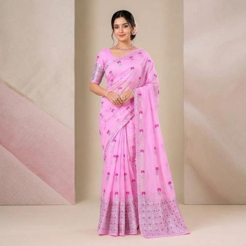 Pink Cotton Embroidered Net Work Saree Mekhela Sador for Women