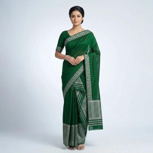 Green Cotton Embroidered Border Saree Mekhela Sador for Women