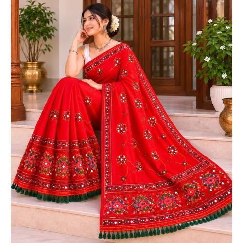 Red and Green Cotton Mirror Work Jaipuri Saree Mekhela Sador for Women