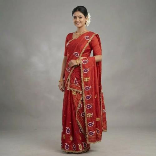 Red Cotton Flower Work Mix Paat Saree Mekhela Sador for Women