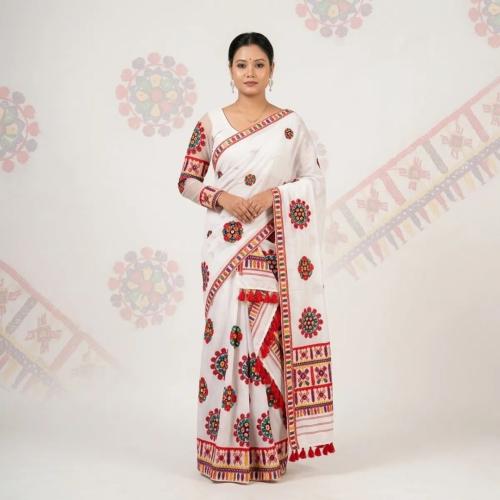 White and Red Cotton Multicolor Net Work Saree Mekhela Sador for Women