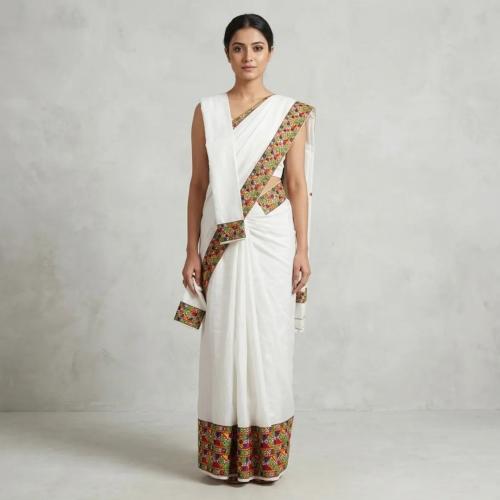 White and Multicolor Cotton Kutch Embroidered Saree Mekhela Sador for Women