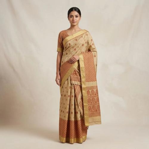 Cotton Traditional Floral Block Print Saree Ghisa Mekhela