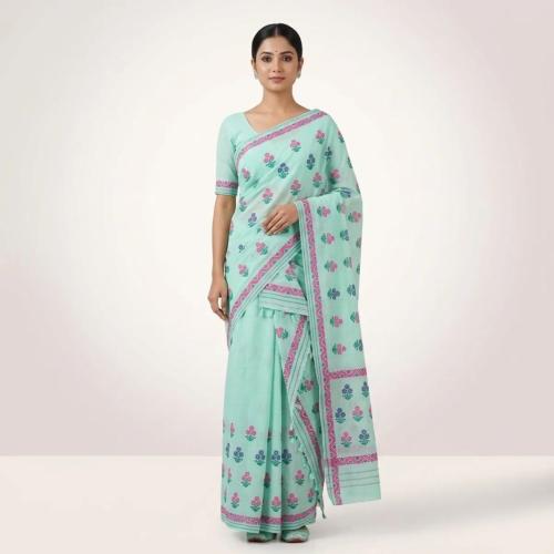 Mint Green Cotton Floral Embroidered Saree Mekhela Sador for Women