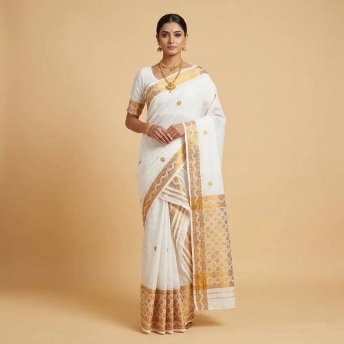 White and Golden Yellow Cotton Geometric Border Saree Single Riha Sador for Women