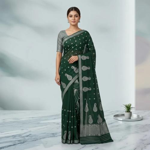 Green and Silver Cotton Zari Embroidered Saree Mekhela Sador for Women