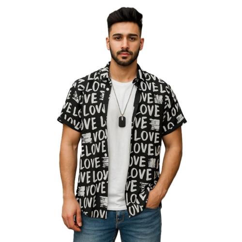 Colorful Love Print Short-Sleeve Button-Down Summer Shirt