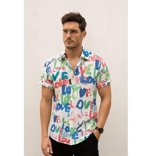 Colorful Love Print Short-Sleeve Button-Down Summer Shirt