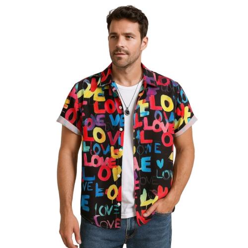 Colorful Love Print Short-Sleeve Button-Down Summer Shirt