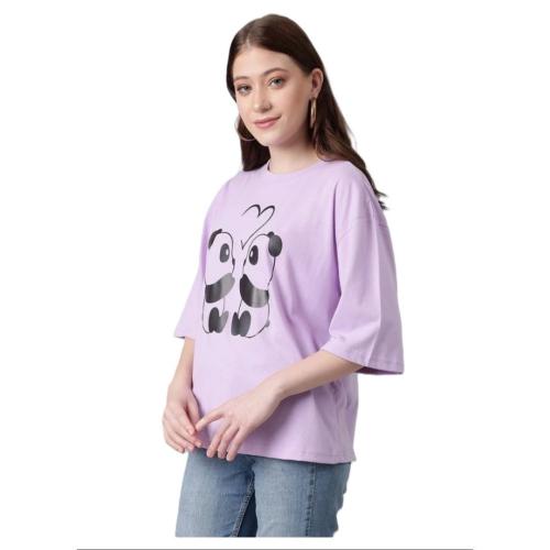 Women’s Light Purple Printed Round Neck Cotton Blend T-Shirt