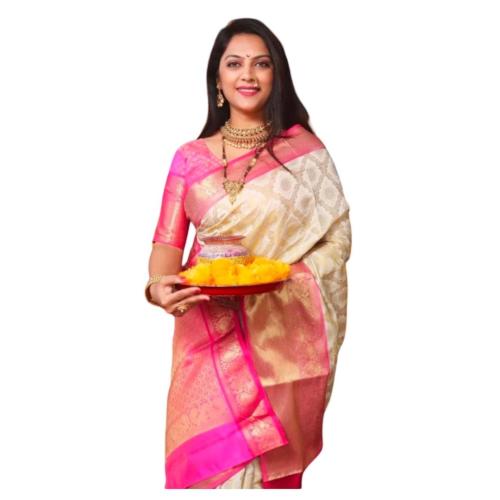 Women’s Kanjivaram Silk Saree Cream & Pink with Blouse Piece, 5.5 m