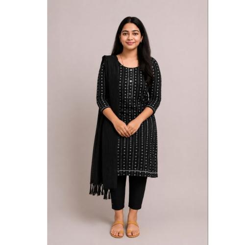 Women’s Black Printed Cotton Salwar Suit Set with Elegant Kurta Design