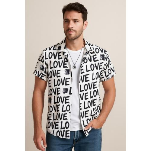 Colorful Love Print Short-Sleeve Button-Down Summer Shirt 