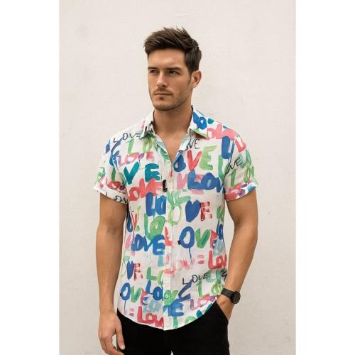 Colorful Love Print Short-Sleeve Button-Down Summer Shirt 