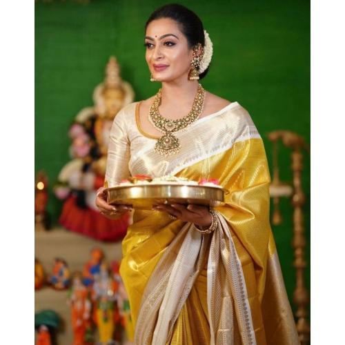 Traditional Indian Handloom Banarasi Zari Silk Saree | Yellow | With Blouse Piece | 5.5 m 