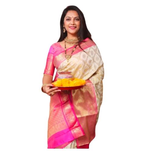 Traditional Indian Kanjivaram Silk Saree | Cream & Pink | With Blouse Piece | 5.5 m 