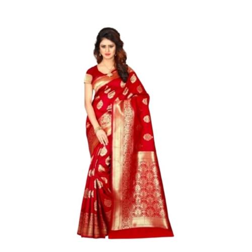 Traditional Indian Printed Kanjivaram Silk Saree | Red | With Blouse Piece | 5.5 m 