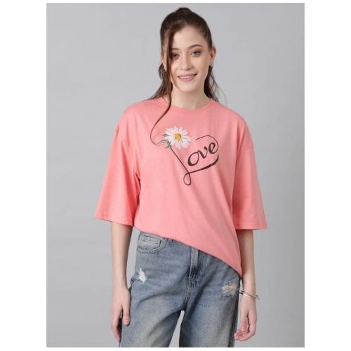 Women’s Pink Printed Round Neck Cotton Blend Oversized T-Shirt