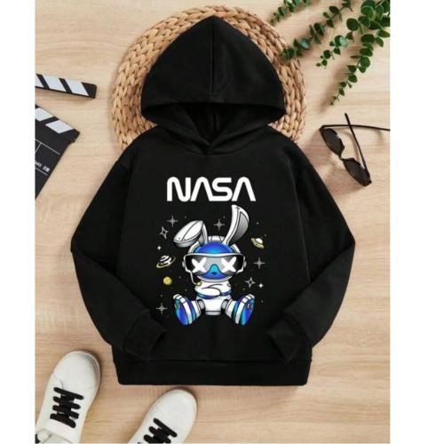  Bunny Graphic Hoodie for Kids (5–6 Years) | Black Cotton Cartoon Sweatshirt 