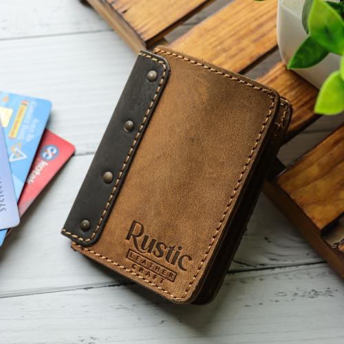 Leather Bifold Wallet for Men | Compact Card Holder with ID Window & Easy Pull Strap