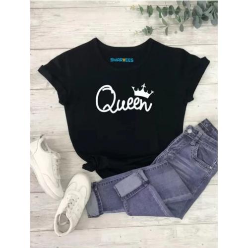 Women’s Printed Round Neck Cotton Blend Black T-Shirt 