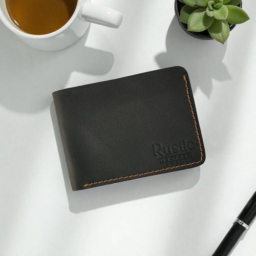Charcoal Black Leather Bifold Wallet for Men | Hand-Stitched Slim Wallet