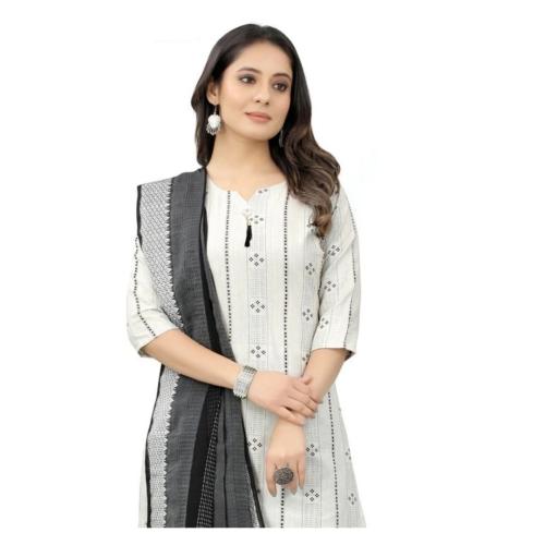 Women’s Khadi Cotton Printed Salwar Suit with Dupatta | Slim-Fit Ethnic Wear | White