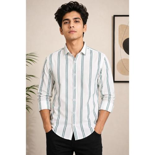 Men's striped Cotton Shirt | White, Full Sleeve, Regular Fit