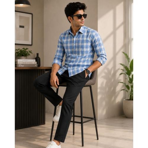 Men's Checked Cotton Shirt | Light Blue, Full Sleeve, Regular Fit