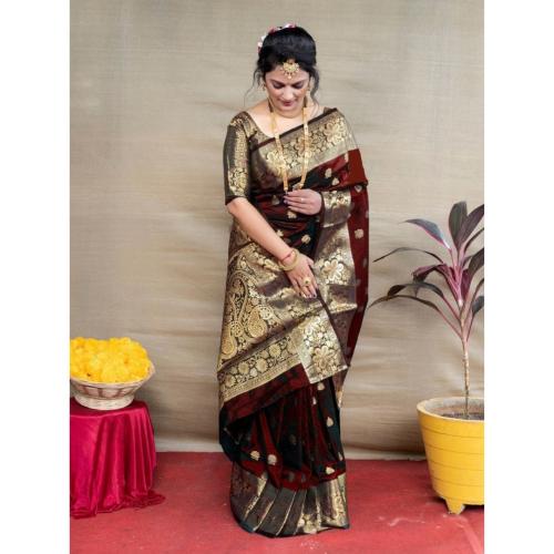Maroon Banarasi Silk Saree with Heavy Gold Jacquard Zari Weaving | Kanjivaram Silk Blend Saree
