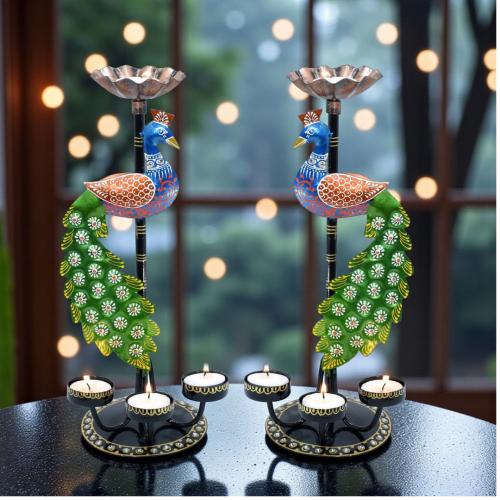 Set of 2 Peacock Tealight Candle Holders – Left- and Right-Facing